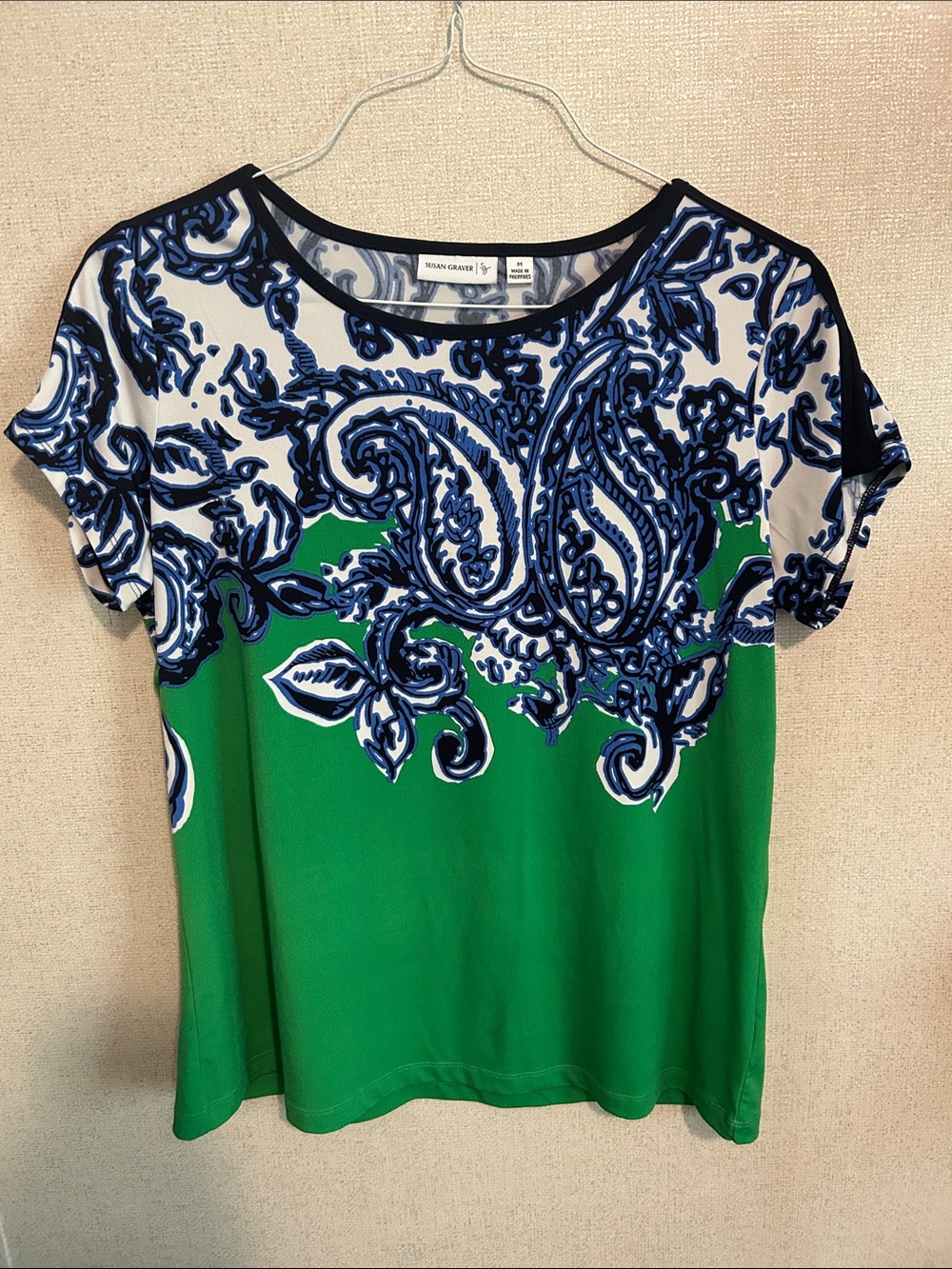 Susan Graver Green and Blue Paisley Short-Sleeve Tee